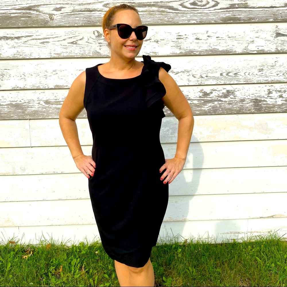 Calvin Klein Shoulder Ruffle Sheath Dress Black Cocktail Dress sz 14